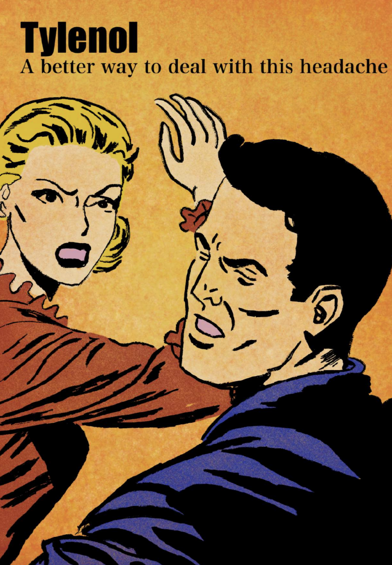 7 Deadly Sins - Wrath: Pop-art Tylenol ad with arguing couple