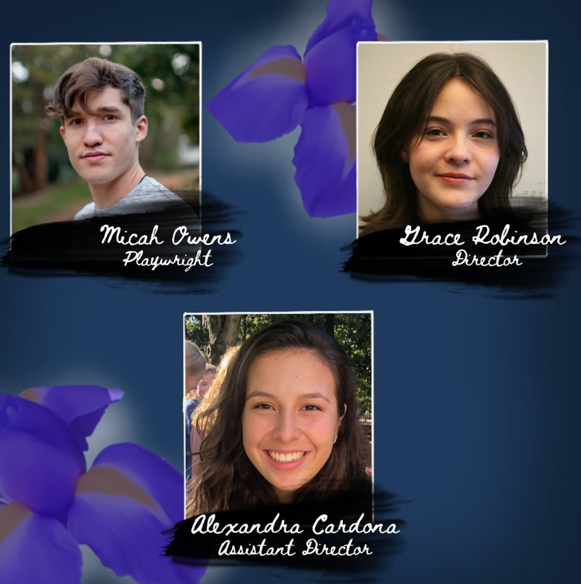 Brand New Theatre - Cast and crew headshots with purple iris flowers