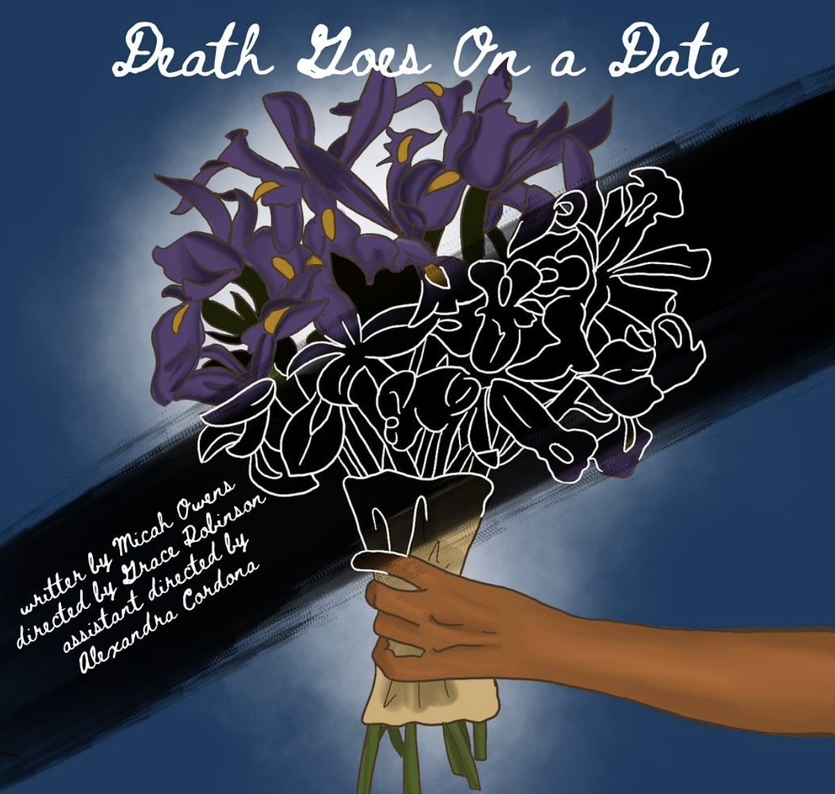 Brand New Theatre - Death Goes On a Date illustrated poster with iris bouquet