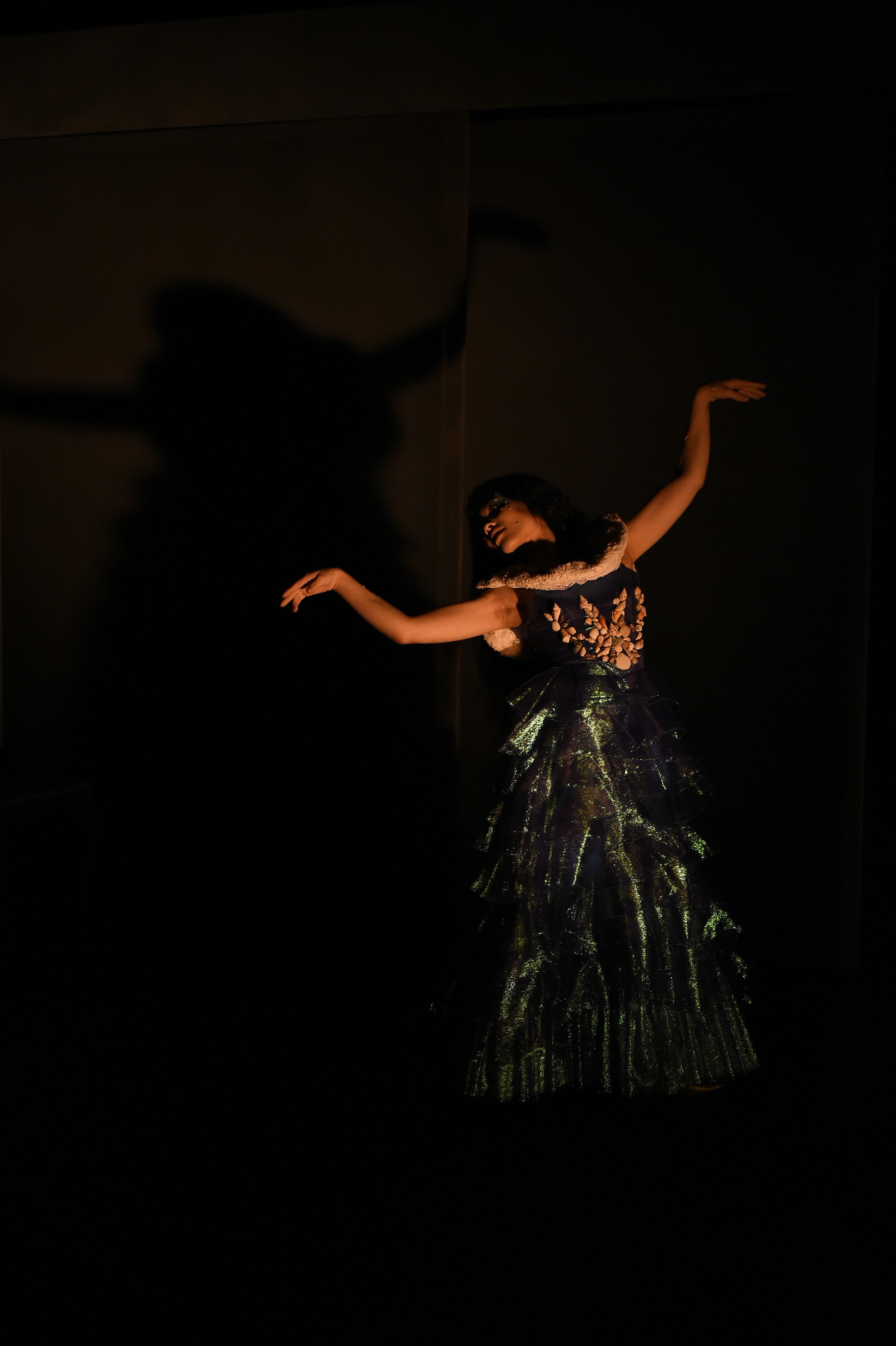 Broken Shells - Dancer in tiered gown with dramatic shadow and outstretched arms