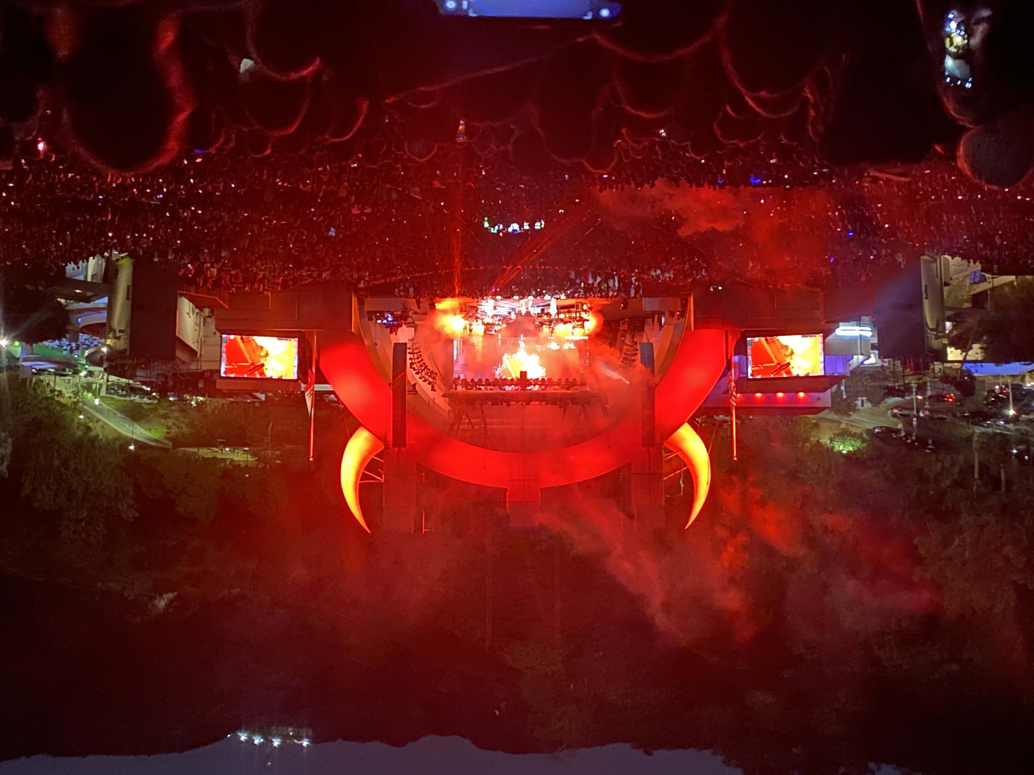Hollywood Bowl concert with giant red horns stage design