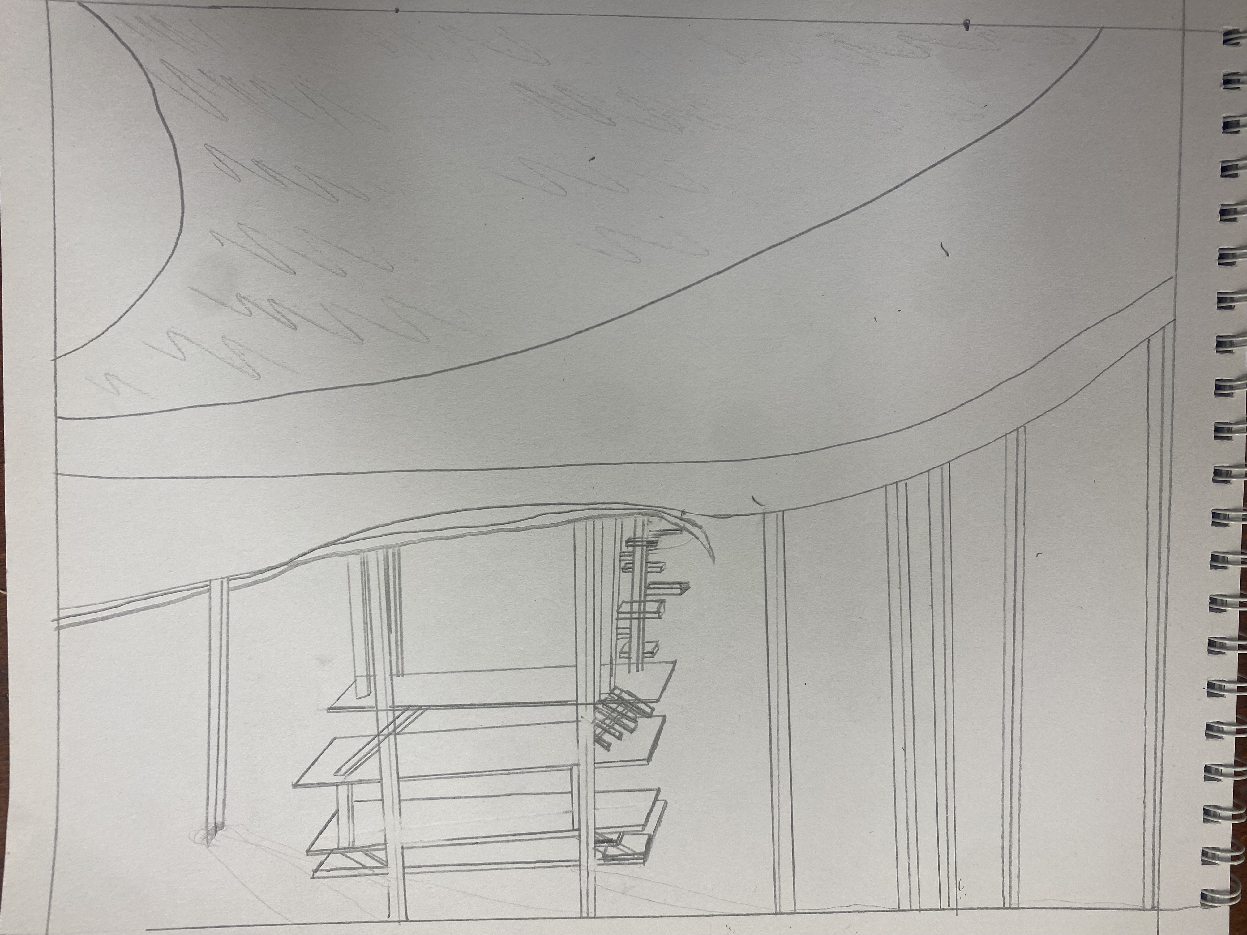 Drawing - Pencil sketch of theatrical stage with scaffolding and curtain