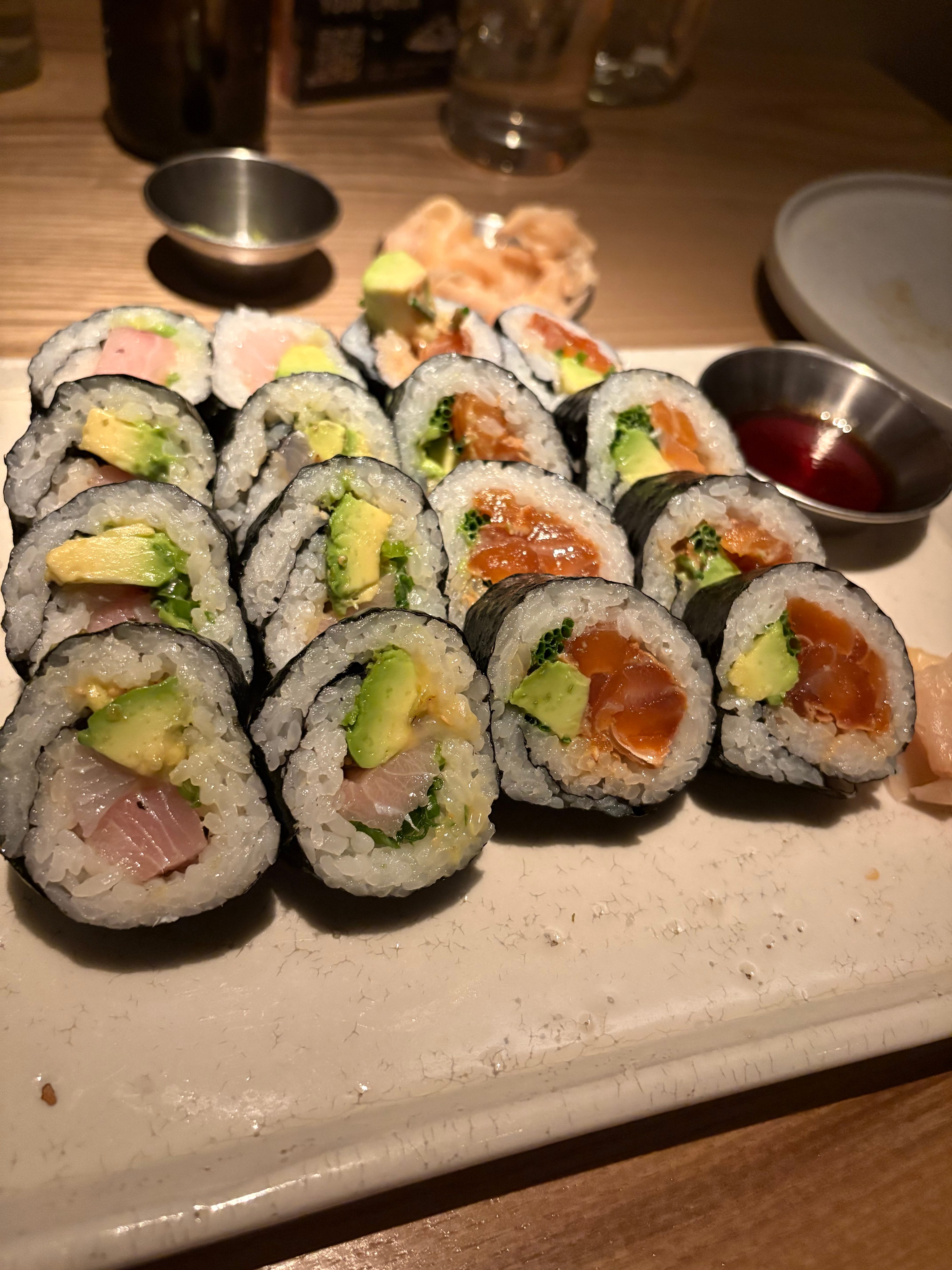 Japanese maki rolls with salmon and avocado