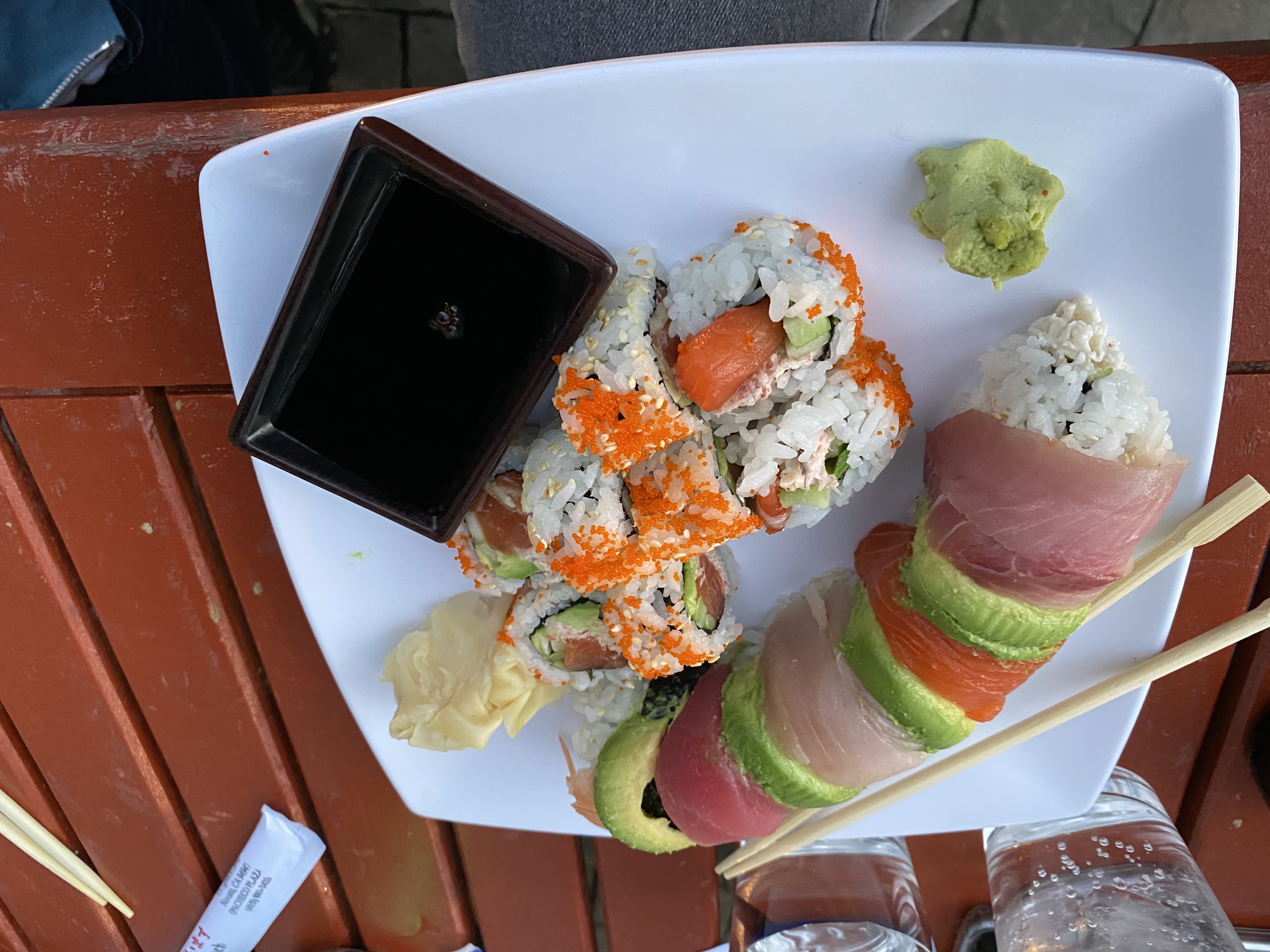 Rainbow roll and salmon roll outdoor patio