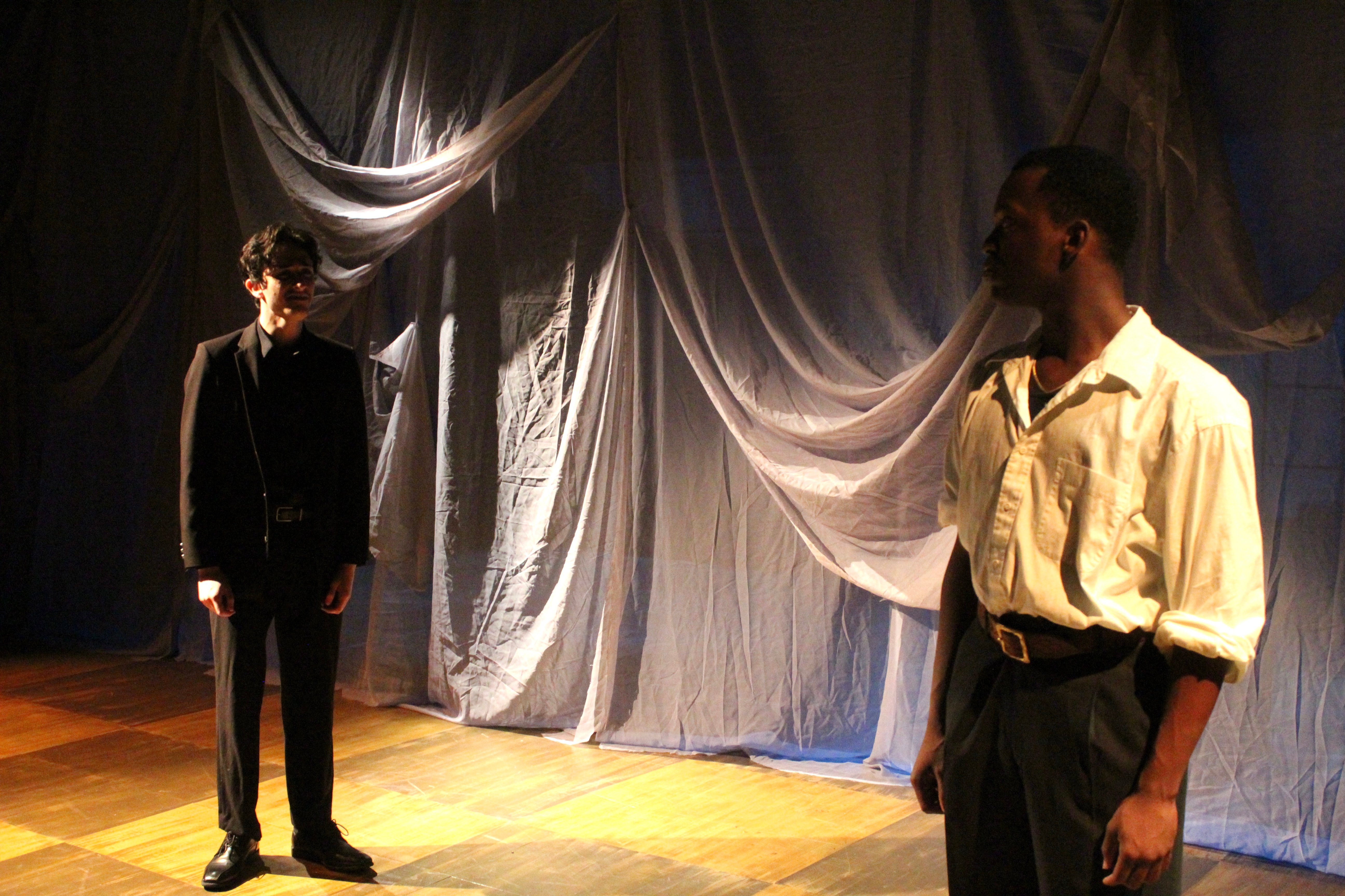 Falsettos - Whizzer and Marvin with draped fabric backdrop