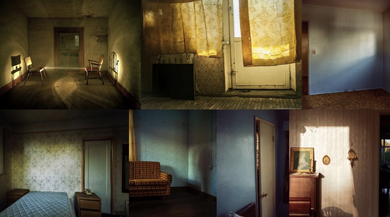 Moodboard - Abandoned rooms with dramatic window light, vintage wallpaper, and melancholic atmosphere