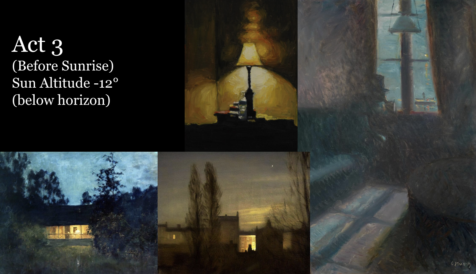 Moodboard - Act 3 Before Sunrise: Blue hour scenes with lamp light and night landscapes