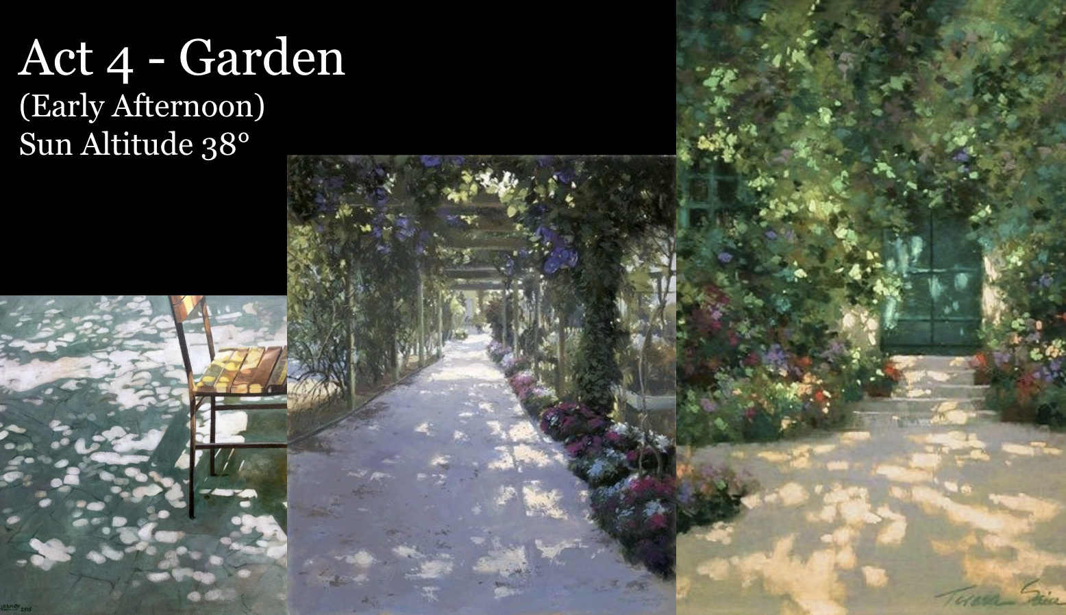 Moodboard - Act 4 Garden: Impressionist garden scenes with dappled afternoon light