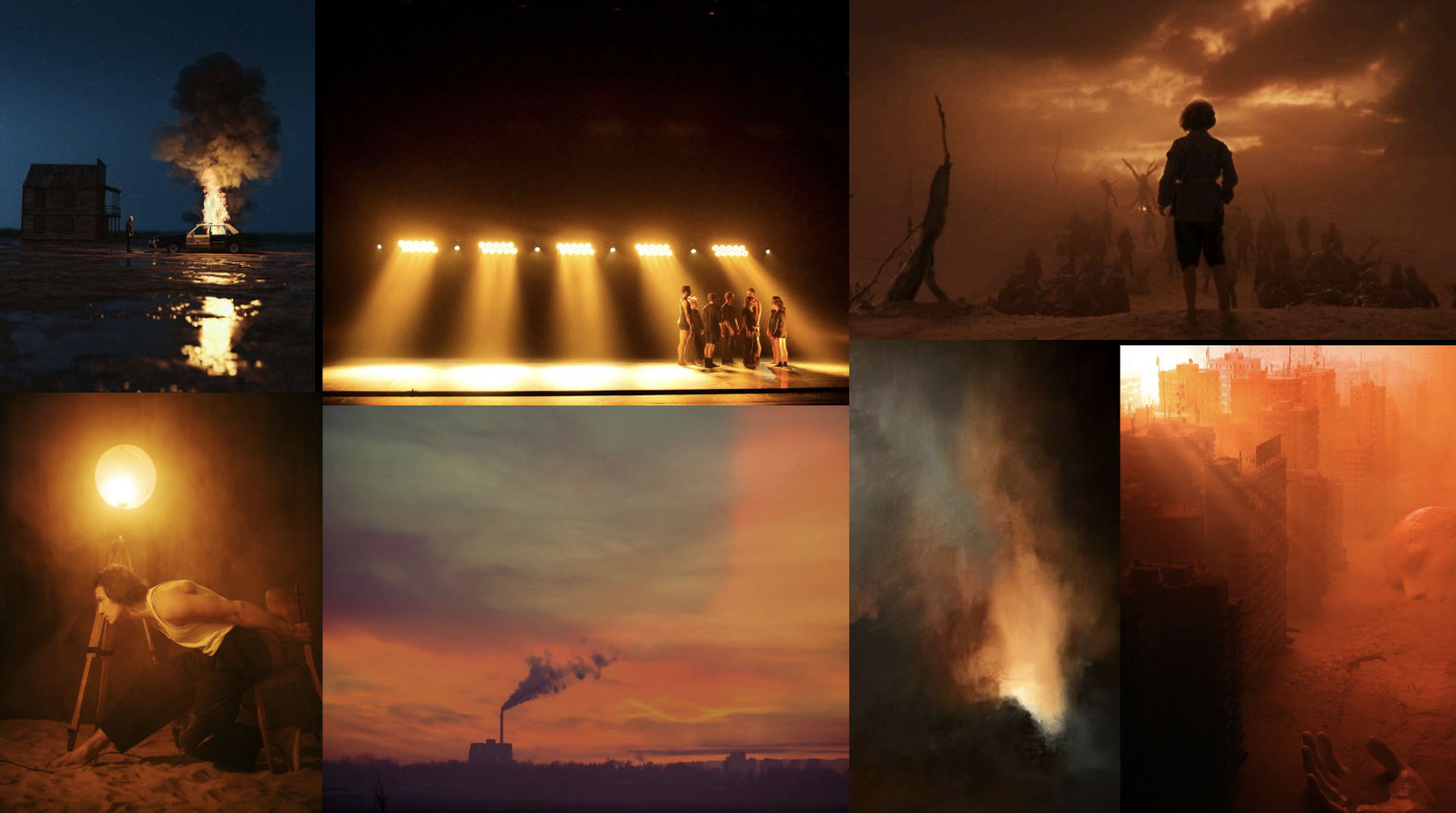 Moodboard - Cinematic scenes with fire, stage footlights, and warm amber lighting