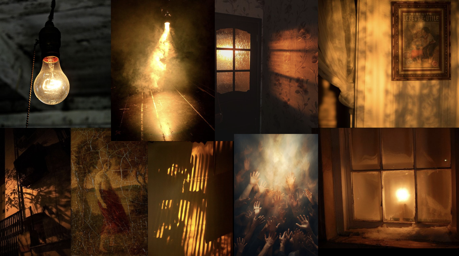 Moodboard - Dark atmospheric scenes with amber lighting, bare bulbs, fire, and shadows