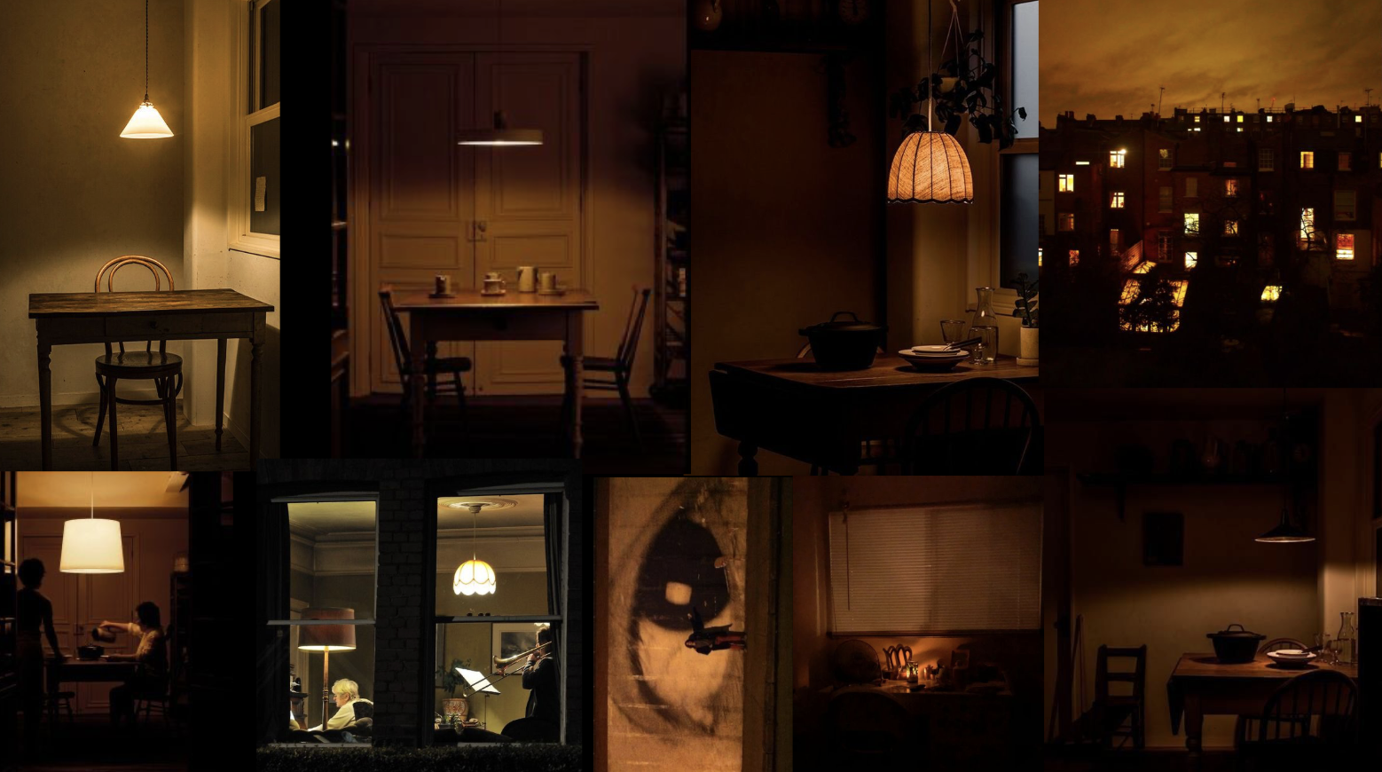 Moodboard - Intimate domestic interiors with warm pendant lamps and evening kitchen scenes