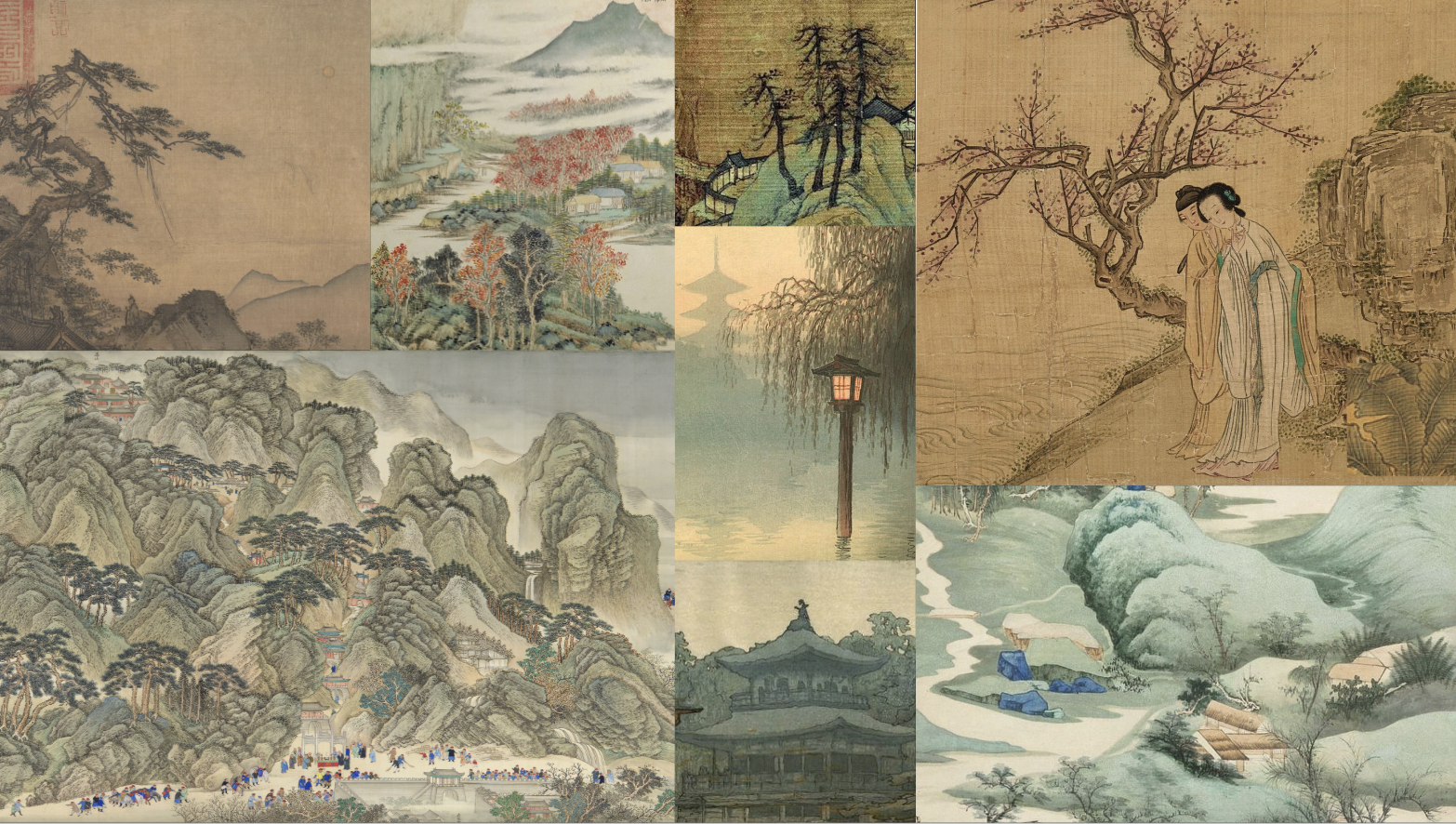 Moodboard - East Asian landscape paintings with mountains, pagodas, pine trees, and misty atmosphere