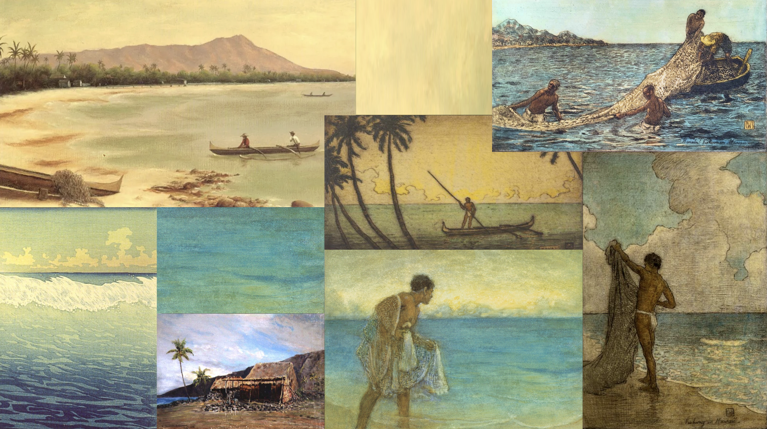 Moodboard - Hawaiian scenes with Diamond Head, outrigger canoes, fishermen, and tropical waters