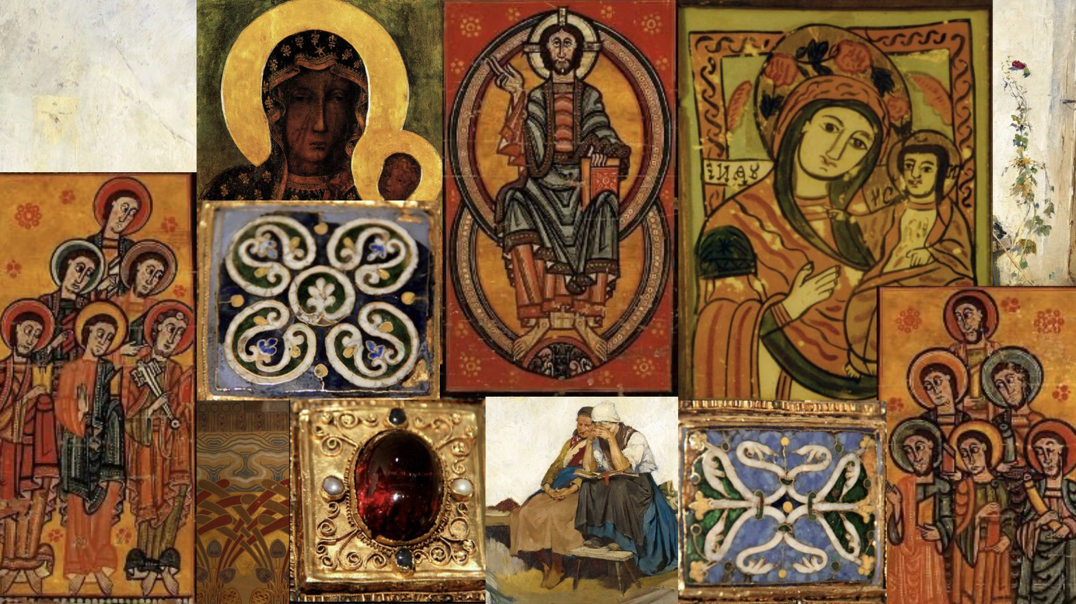 Moodboard - Medieval and Byzantine art with religious icons, illuminated manuscripts, and gold tones
