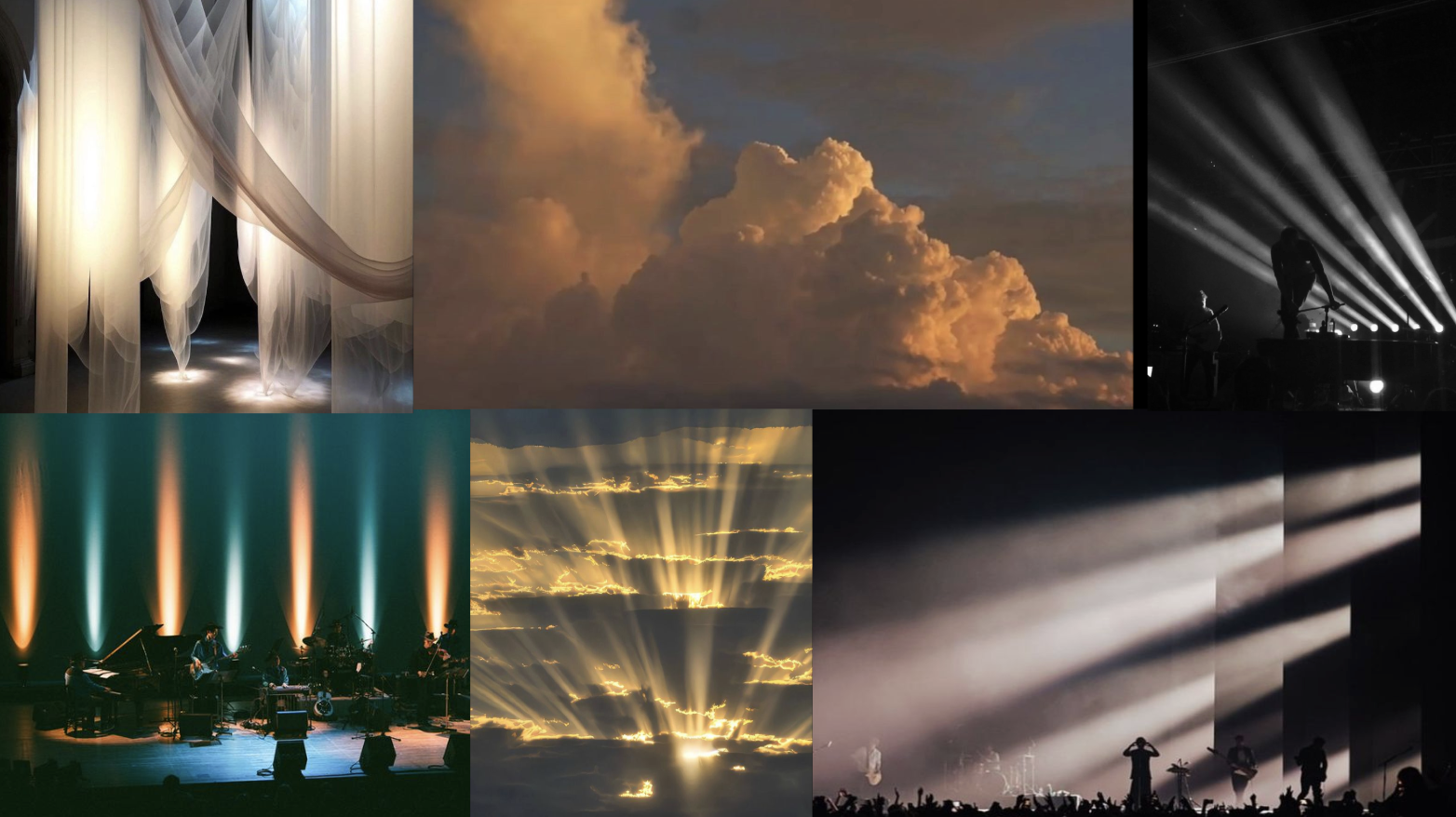Moodboard - Stage lighting with sheer curtains, clouds, and dramatic beams
