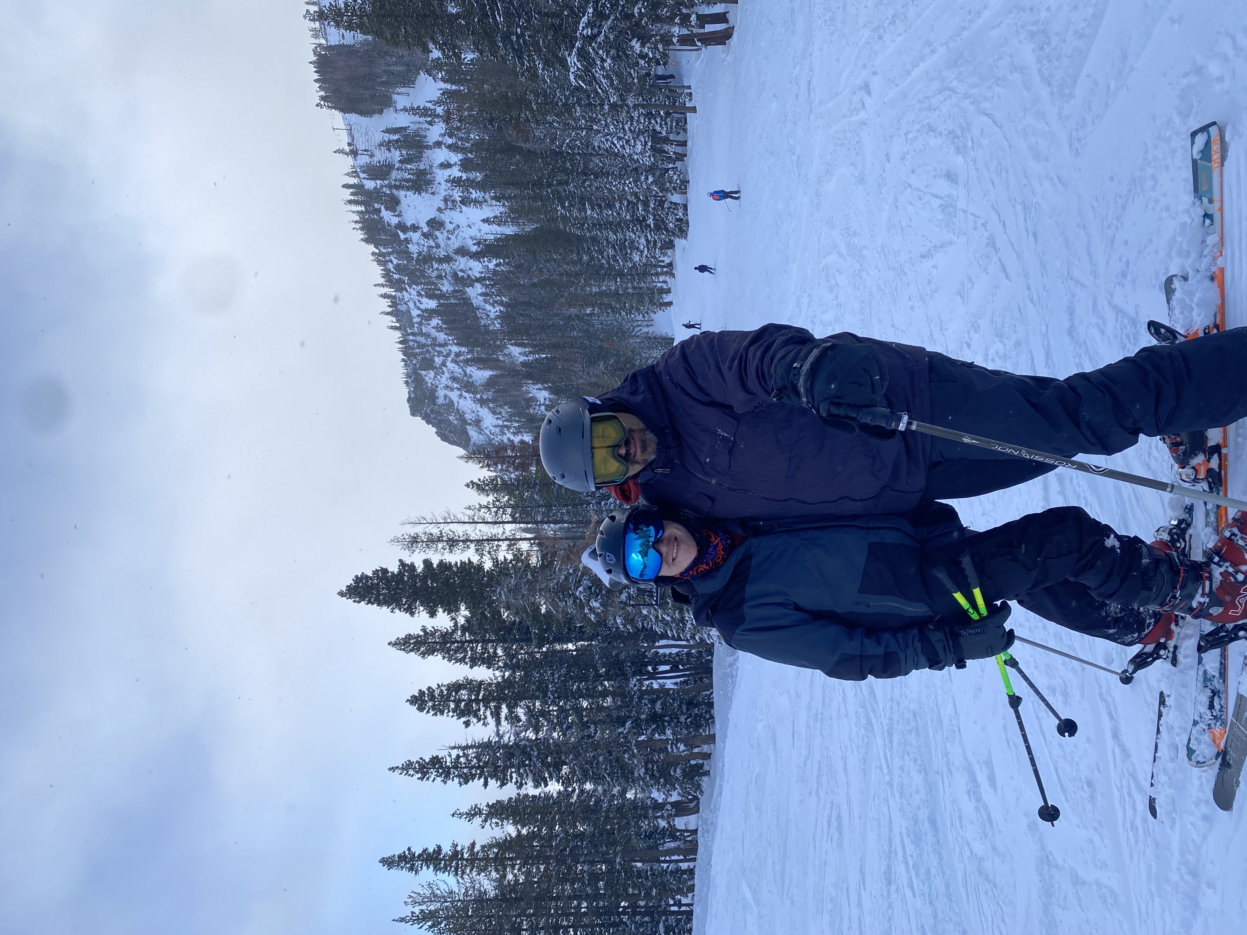 Two skiers on snowy slope with pine trees