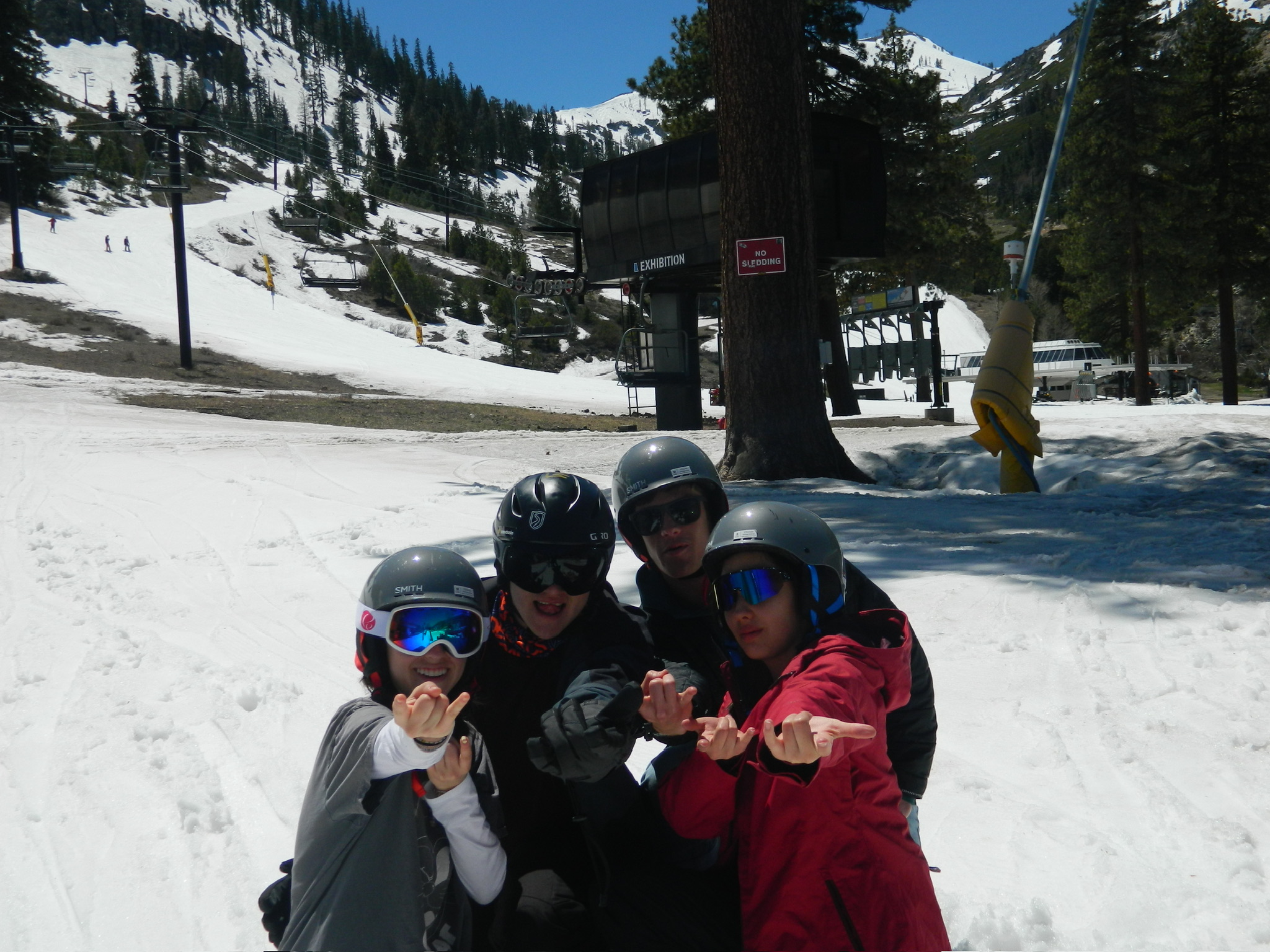 Group of friends at Exhibition lift on sunny spring day