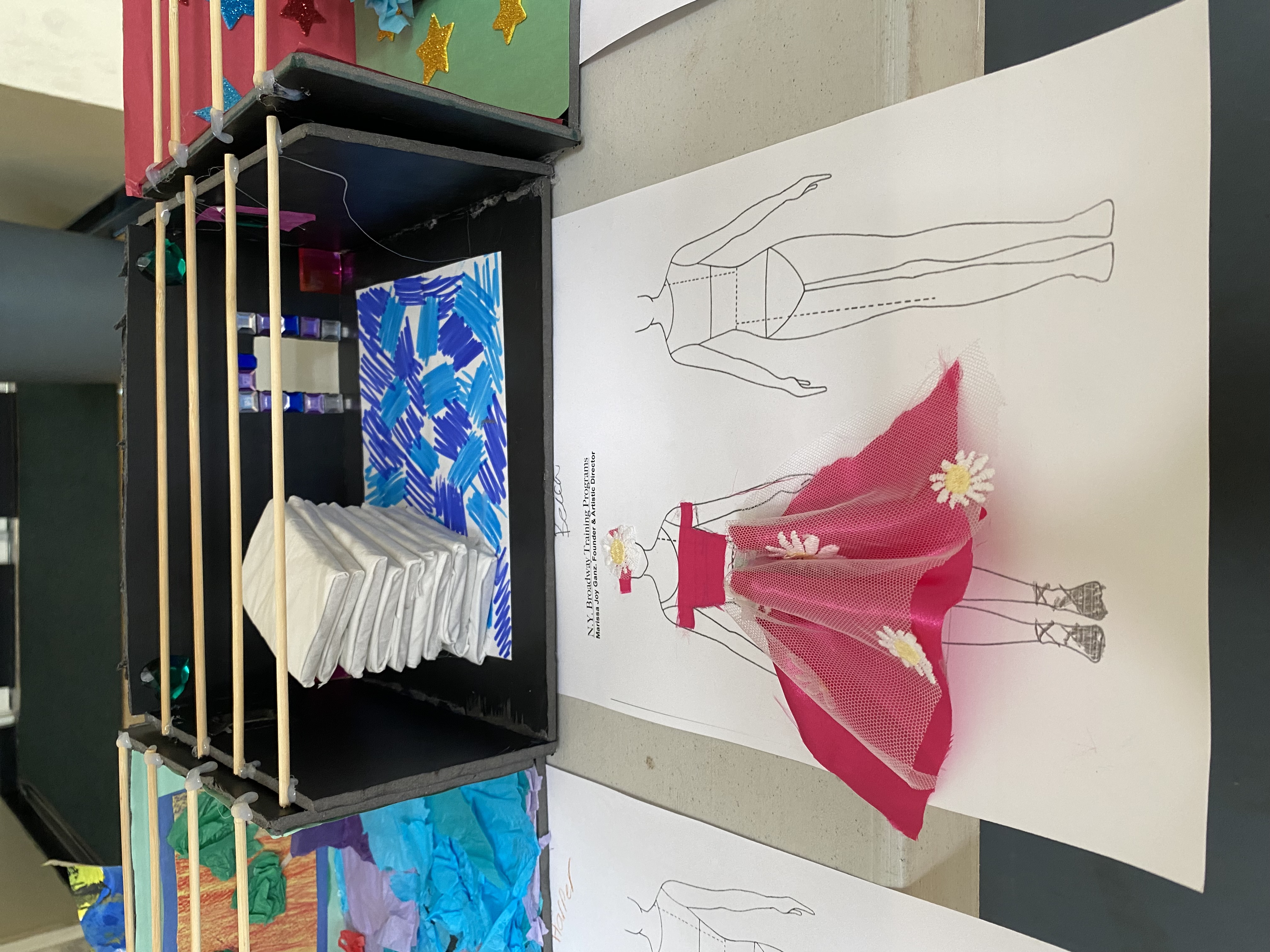 Teaching - Pink dress costume design with daisies and blue abstract floor stage model